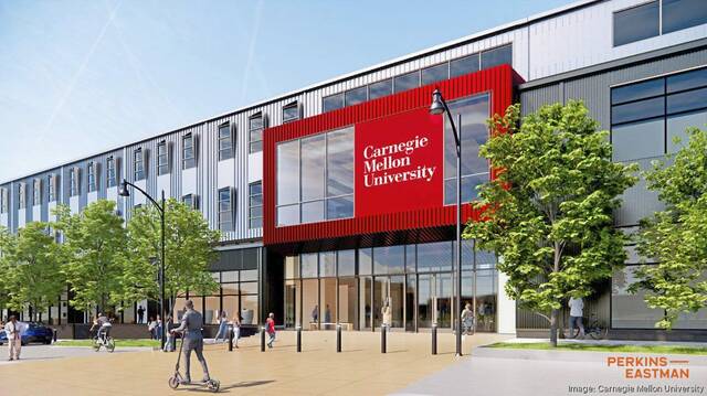 Rendering of modern glass and steel Carnegie Mellon Robotics Innovation Center building at Hazelwood Green Pittsburgh