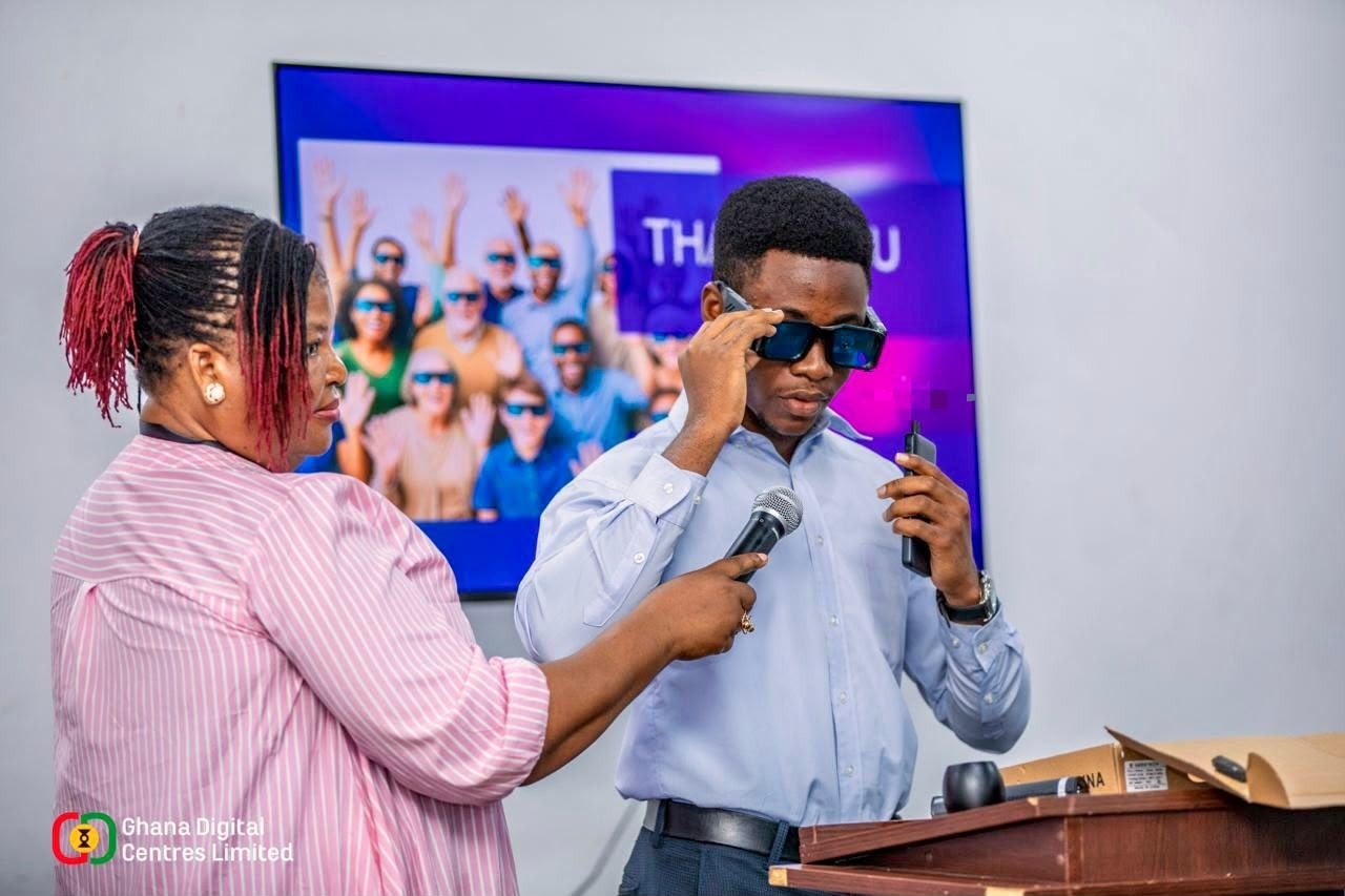 Emmanuel Quartey presenting Steward Vision Assistant AI-powered smart glasses for visually impaired users in Ghana
