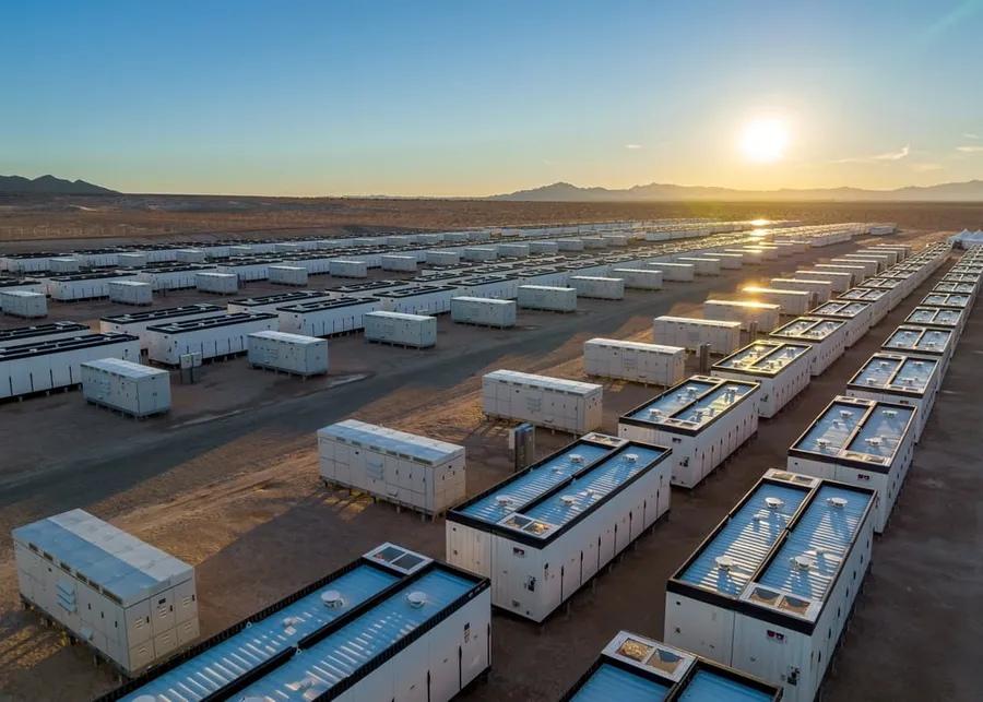 Solar panels gleaming under bright sun with battery storage units nearby powering communities