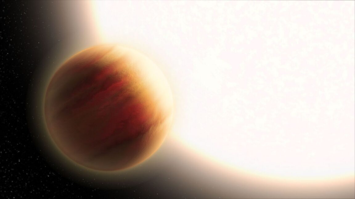 Artist rendering of WASP-94A b gas giant exoplanet with clouds on one side