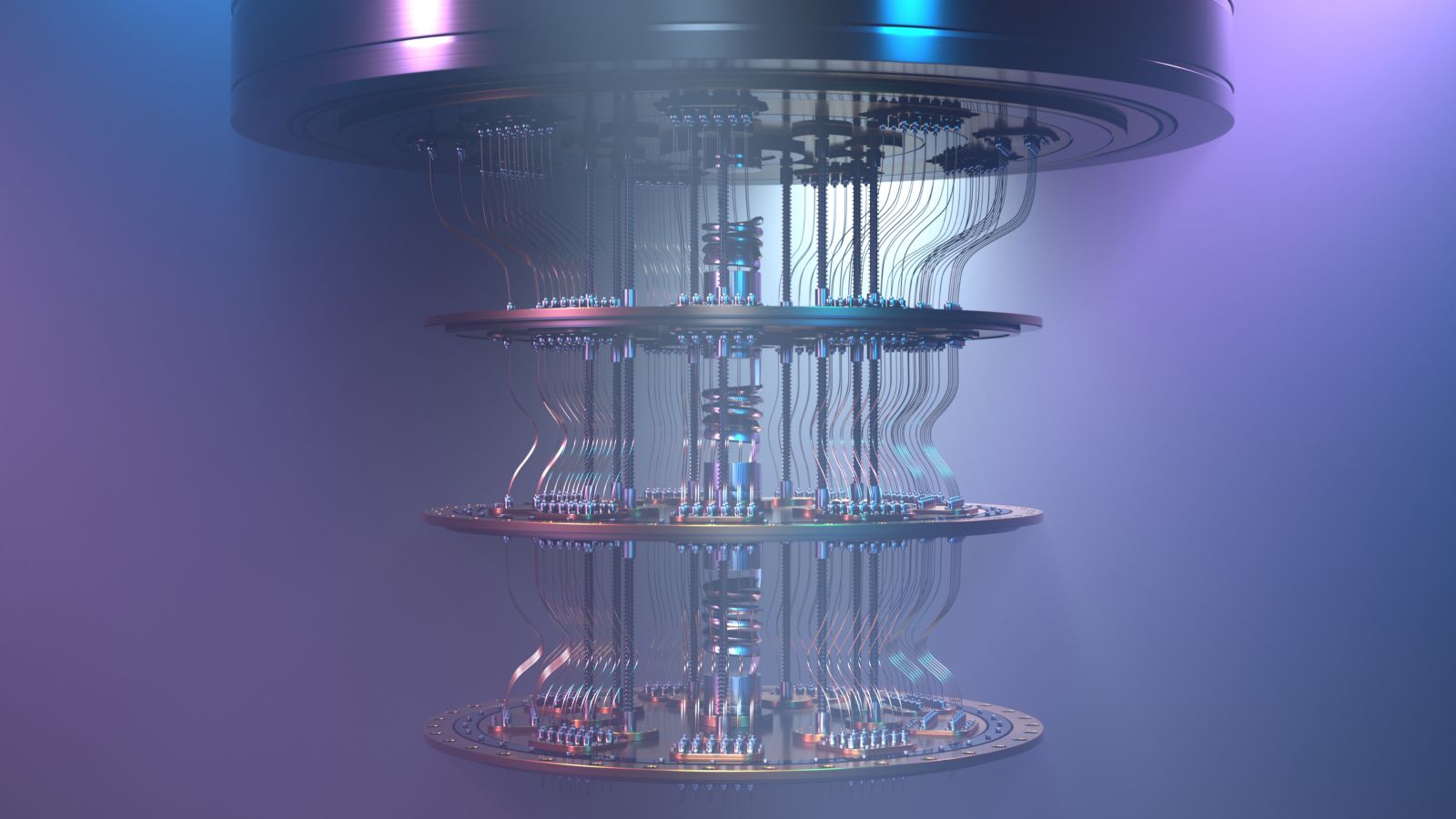 Quantum computer processors glowing with blue light in a laboratory setting