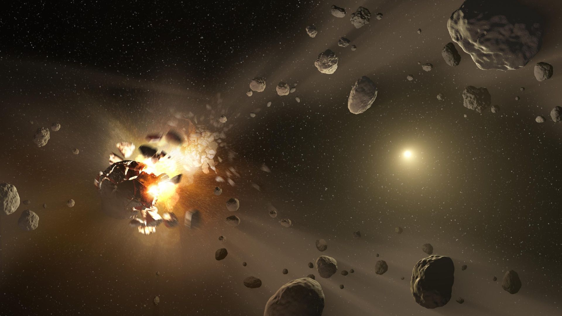 Artist's illustration showing a rocky asteroid breaking apart into multiple fragments in space