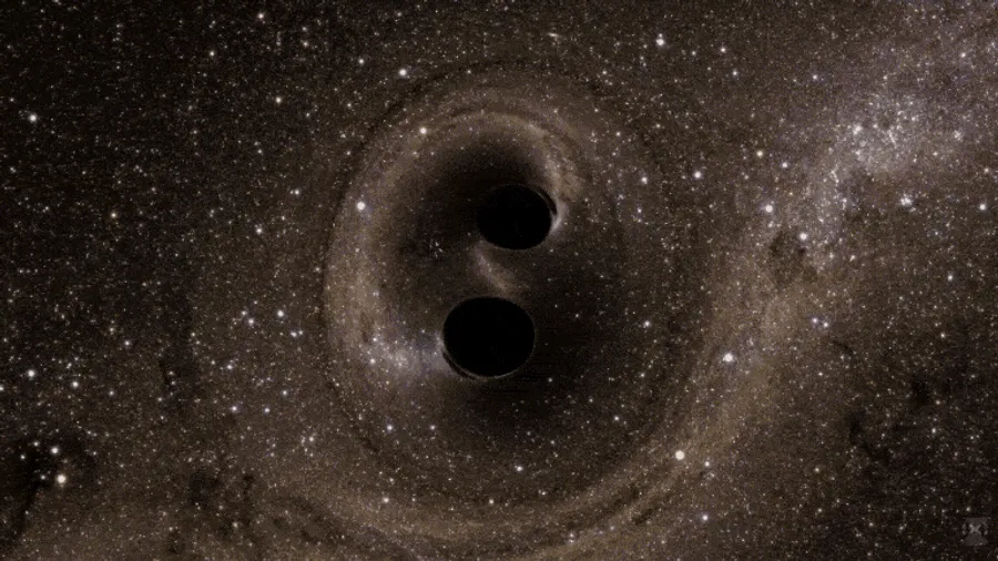 Animation showing two black holes spiraling together and merging into one larger black hole