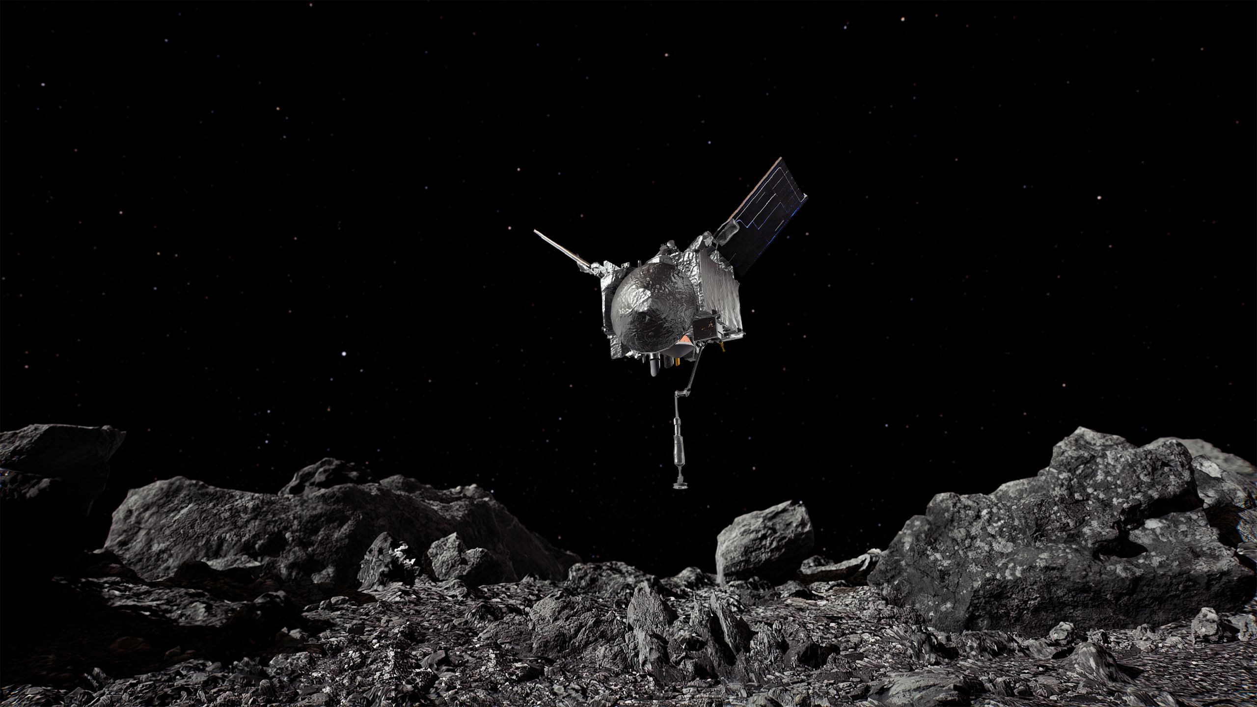 Artist's illustration of NASA's OSIRIS-REx spacecraft approaching asteroid Bennu's rocky surface