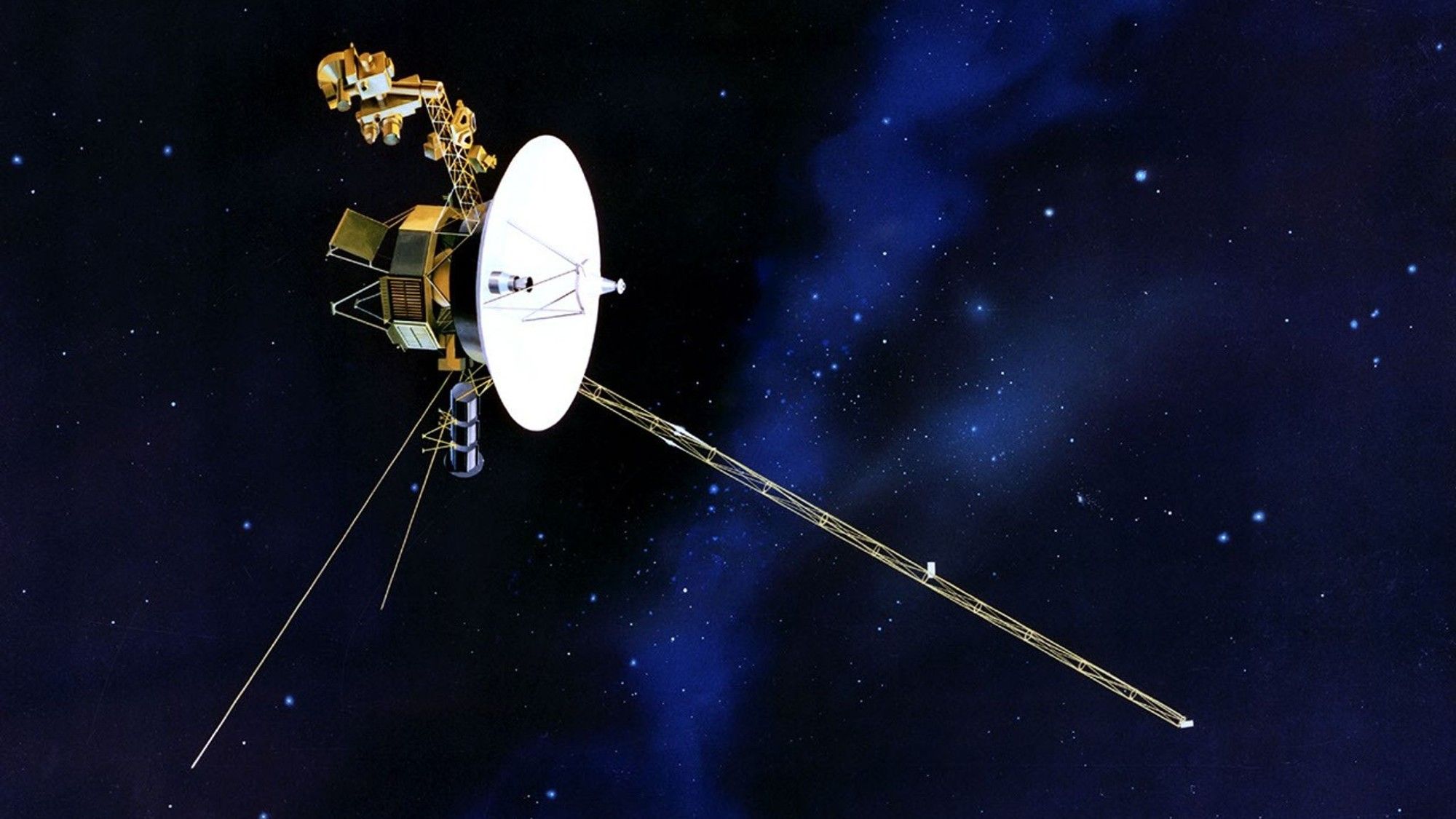 Artist's illustration of NASA's Voyager 2 spacecraft traveling through deep space with golden antenna dish