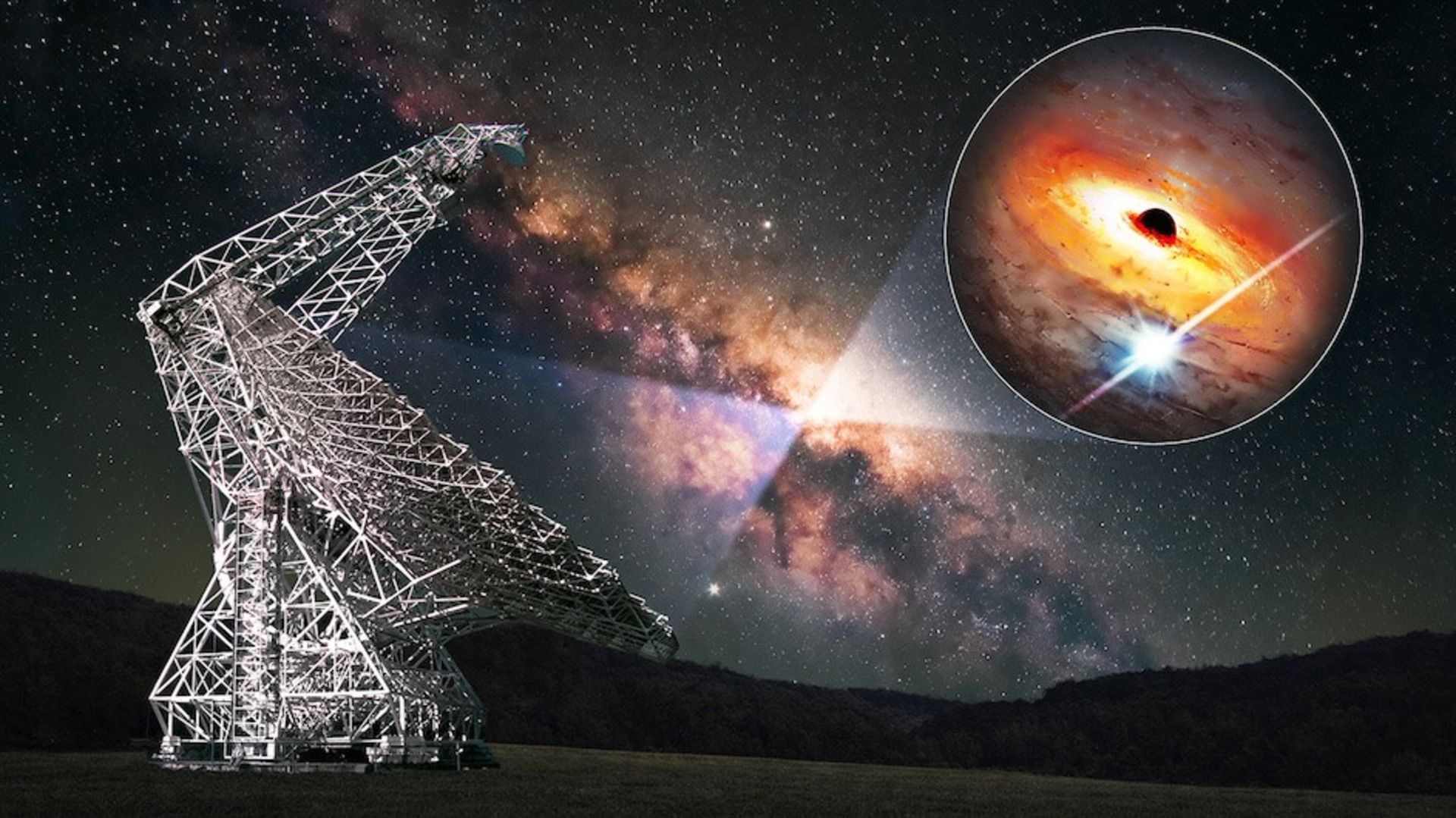 Illustration of Green Bank radio telescope observing pulsar near Milky Way galactic center