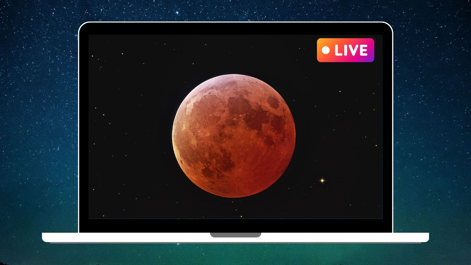 Red-tinted full moon during total lunar eclipse against dark night sky backdrop