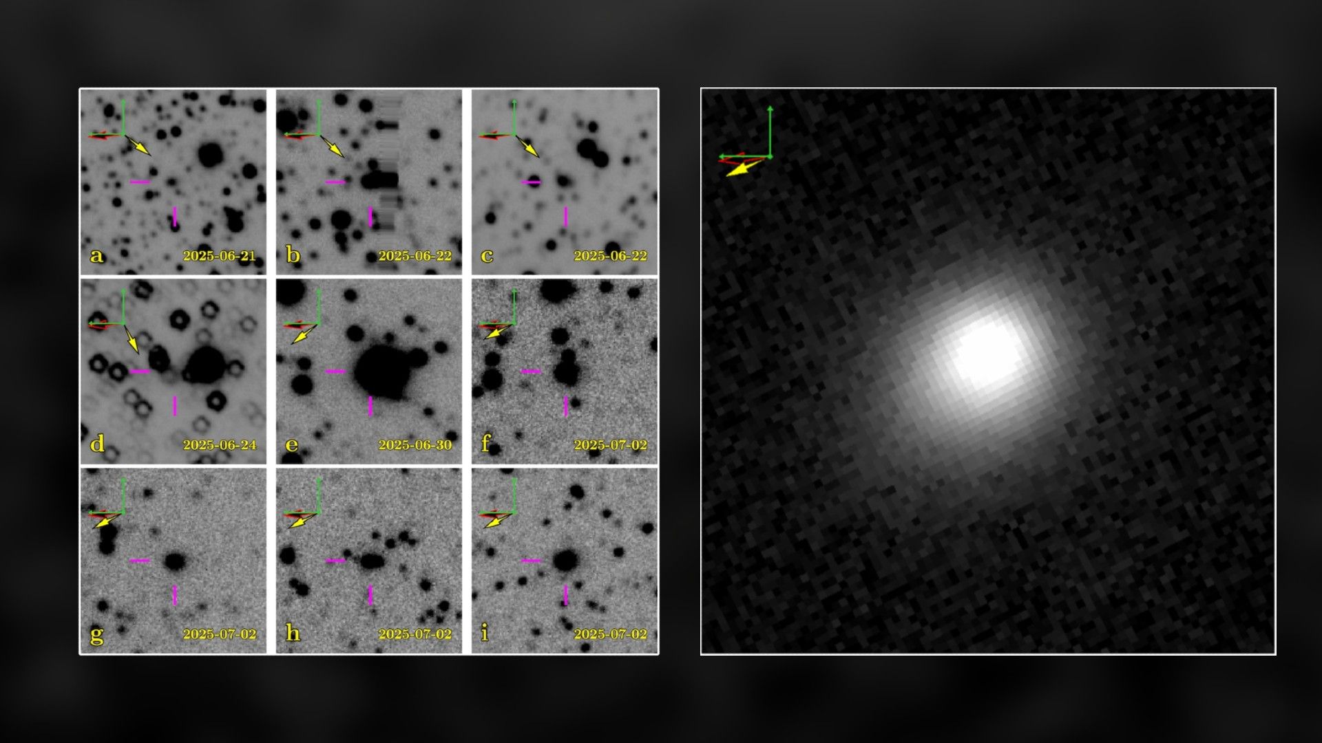 Time-lapse images showing interstellar comet 3I/ATLAS with glowing cloud captured by Rubin Observatory