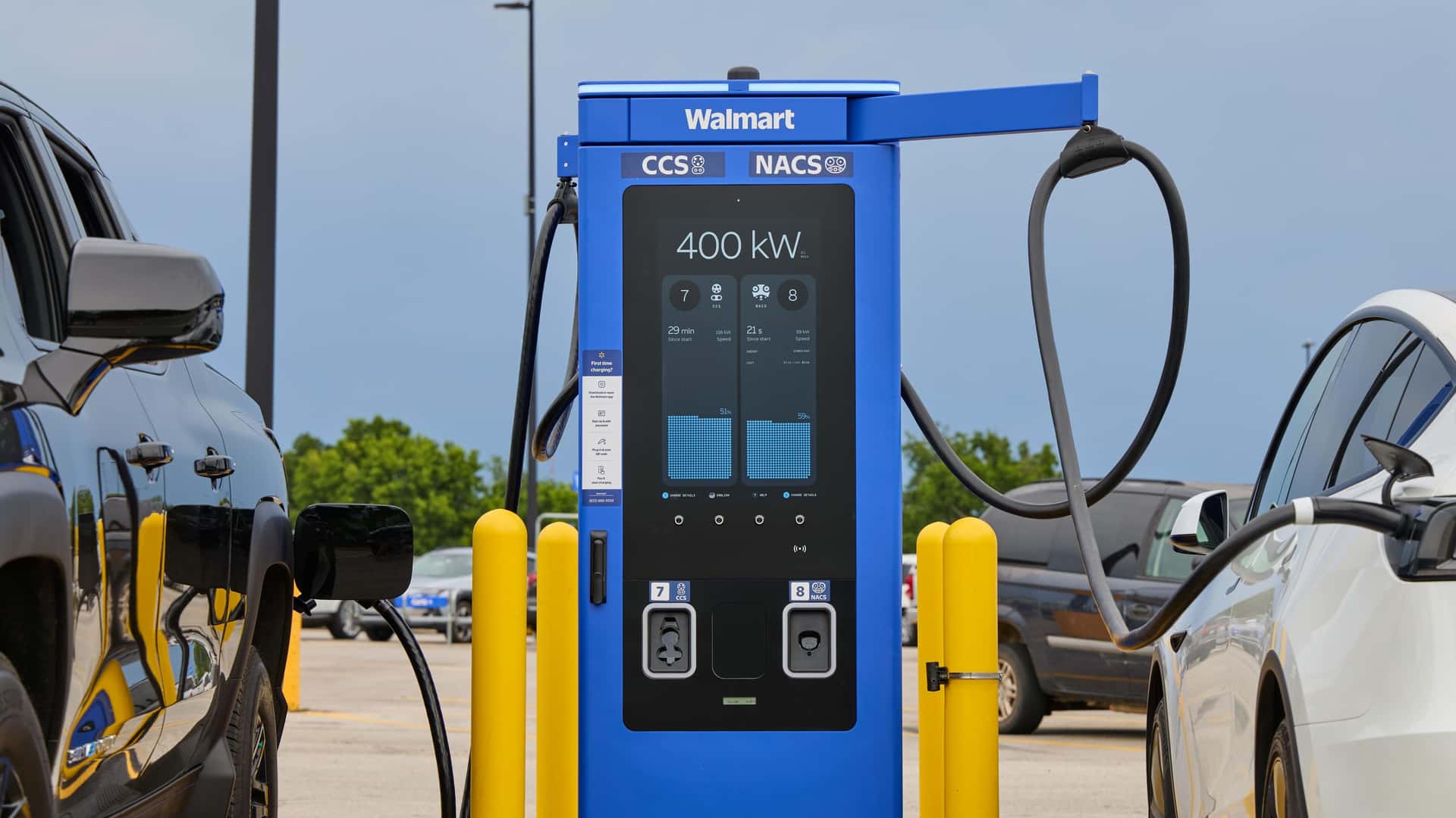 Modern EV charging station with multiple stalls at Walmart Supercenter parking lot in Colorado