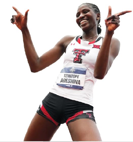 Nigerian high jumper Temitope Adeshina competing in red Texas Tech uniform at track meet
