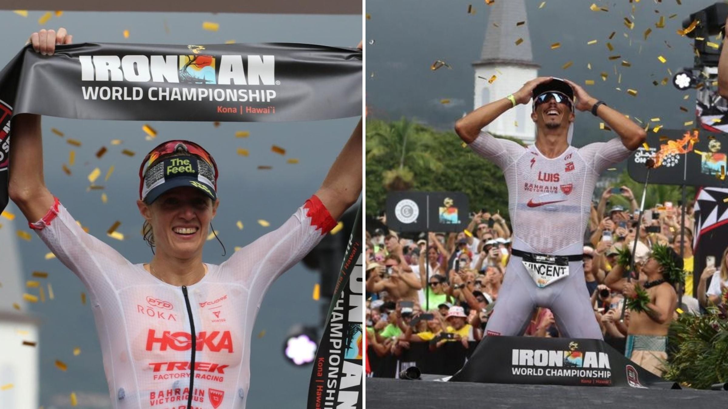 Vincent Luis crossing finish line at 2026 Ironman World Championship in Kona, Hawaii