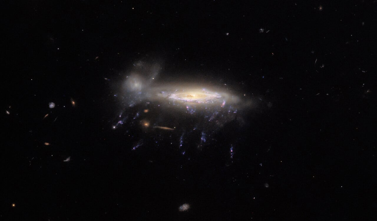 Distant jellyfish galaxy with bright trailing tentacles of newborn stars against dark space
