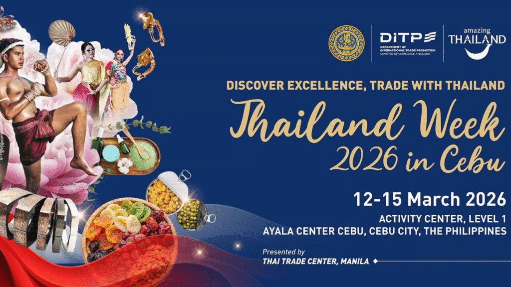 Thailand Week 2026 promotional poster featuring event dates and location at Ayala Center Cebu