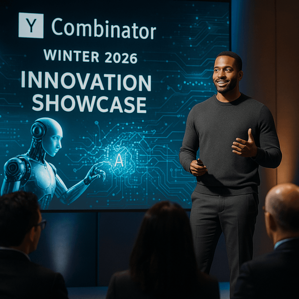 Diverse group of entrepreneurs presenting innovative technology solutions at Y Combinator Demo Day event