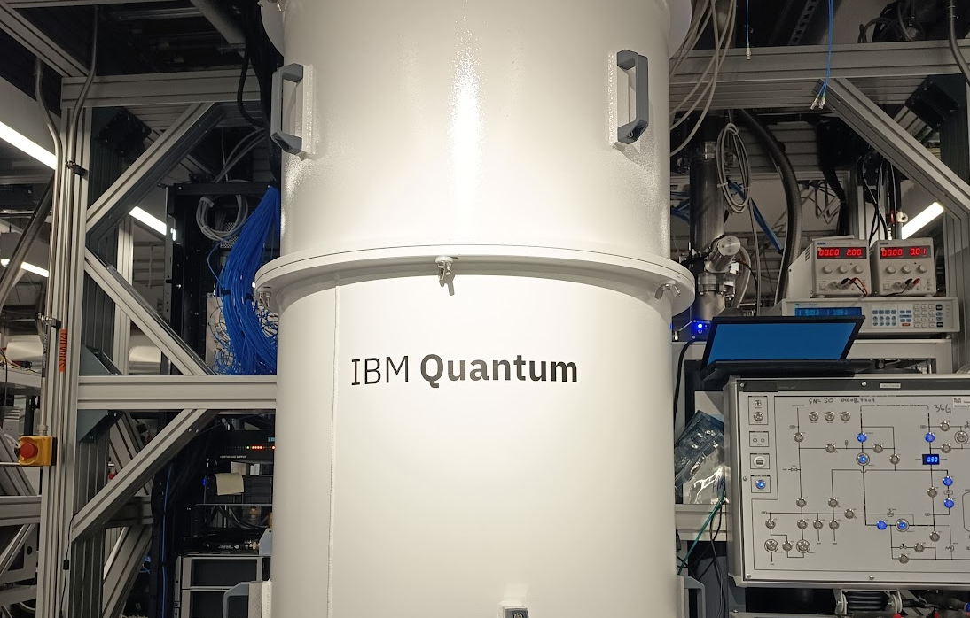 IBM's Nighthawk quantum computing chip inside cylindrical cooling system at research laboratory
