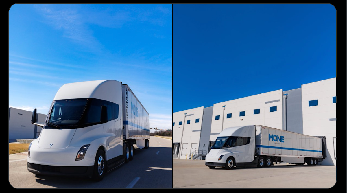 Multiple electric semi trucks on display at indoor transportation exhibition hall in Germany