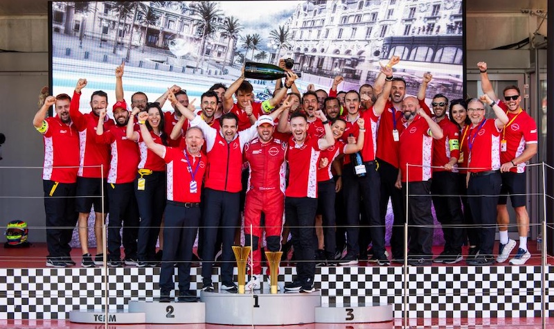 Oliver Rowland driving Nissan Formula E race car through Monaco streets to victory