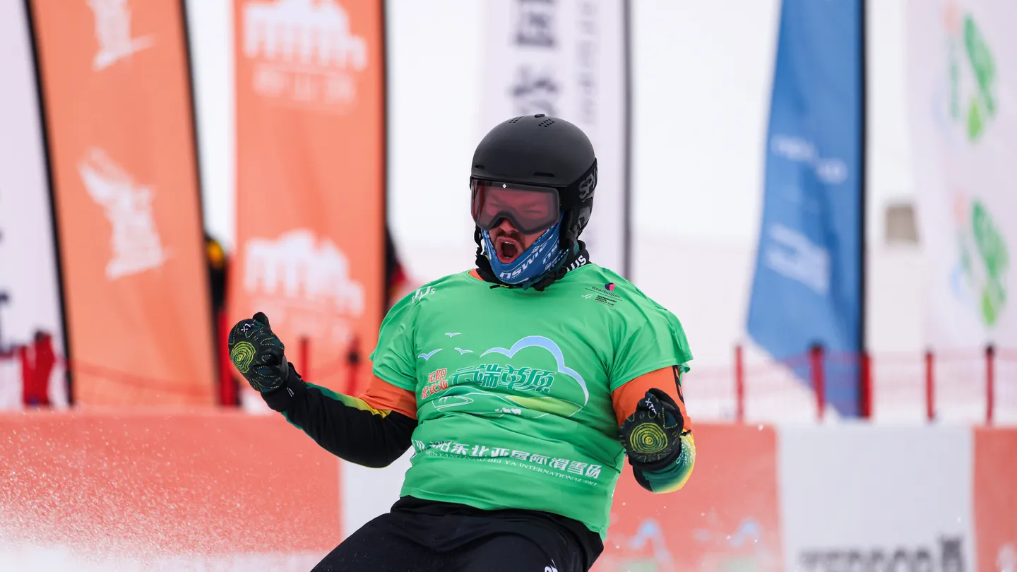 Australian snowboarder Adam Lambert celebrating his first World Cup gold medal victory in China