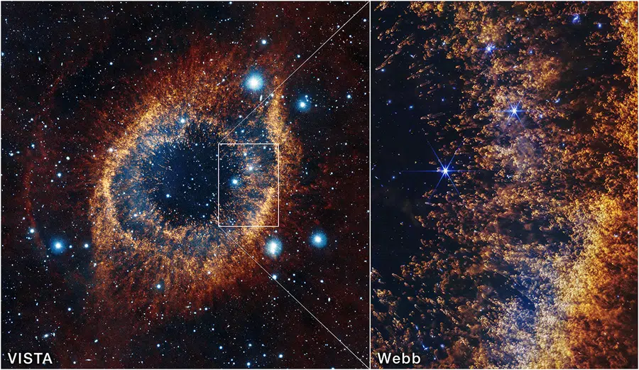 Webb telescope's infrared view of Helix Nebula showing colorful gas layers from dying star