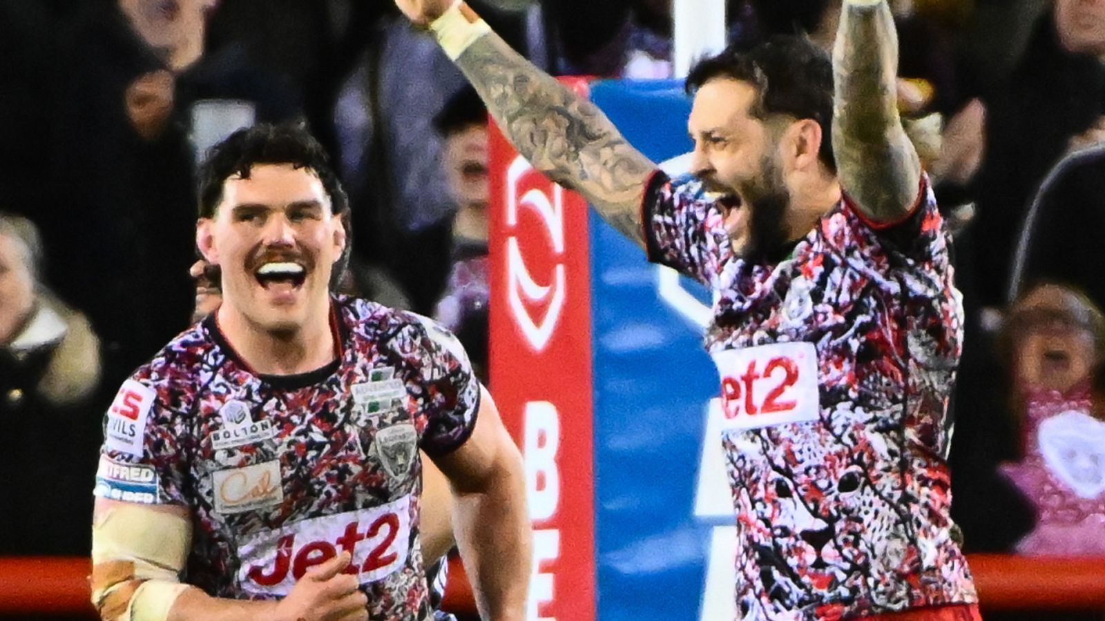Gareth O'Brien celebrating after kicking match-winning drop goal for Leigh Leopards