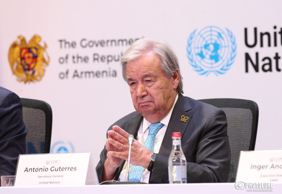 UN Secretary-General António Guterres speaking at press conference in Armenia about regional peace
