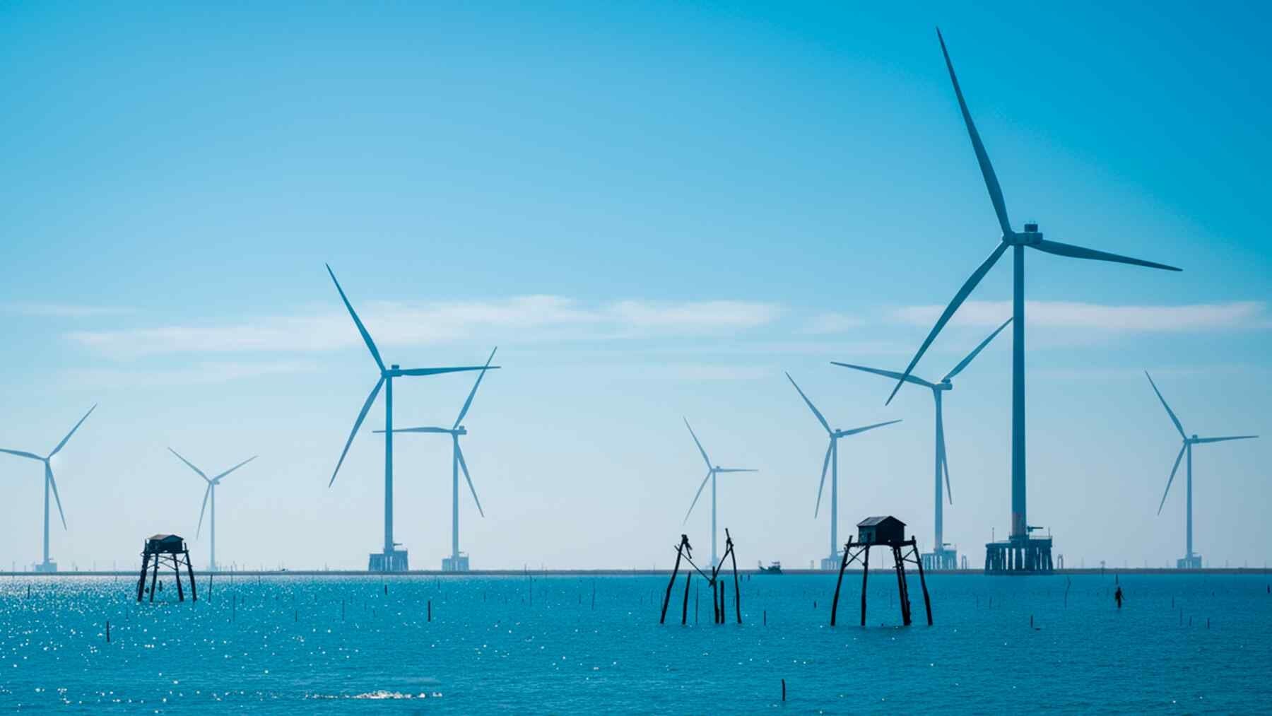 Floating offshore wind turbines on ocean surface near Goto City, Nagasaki, Japan