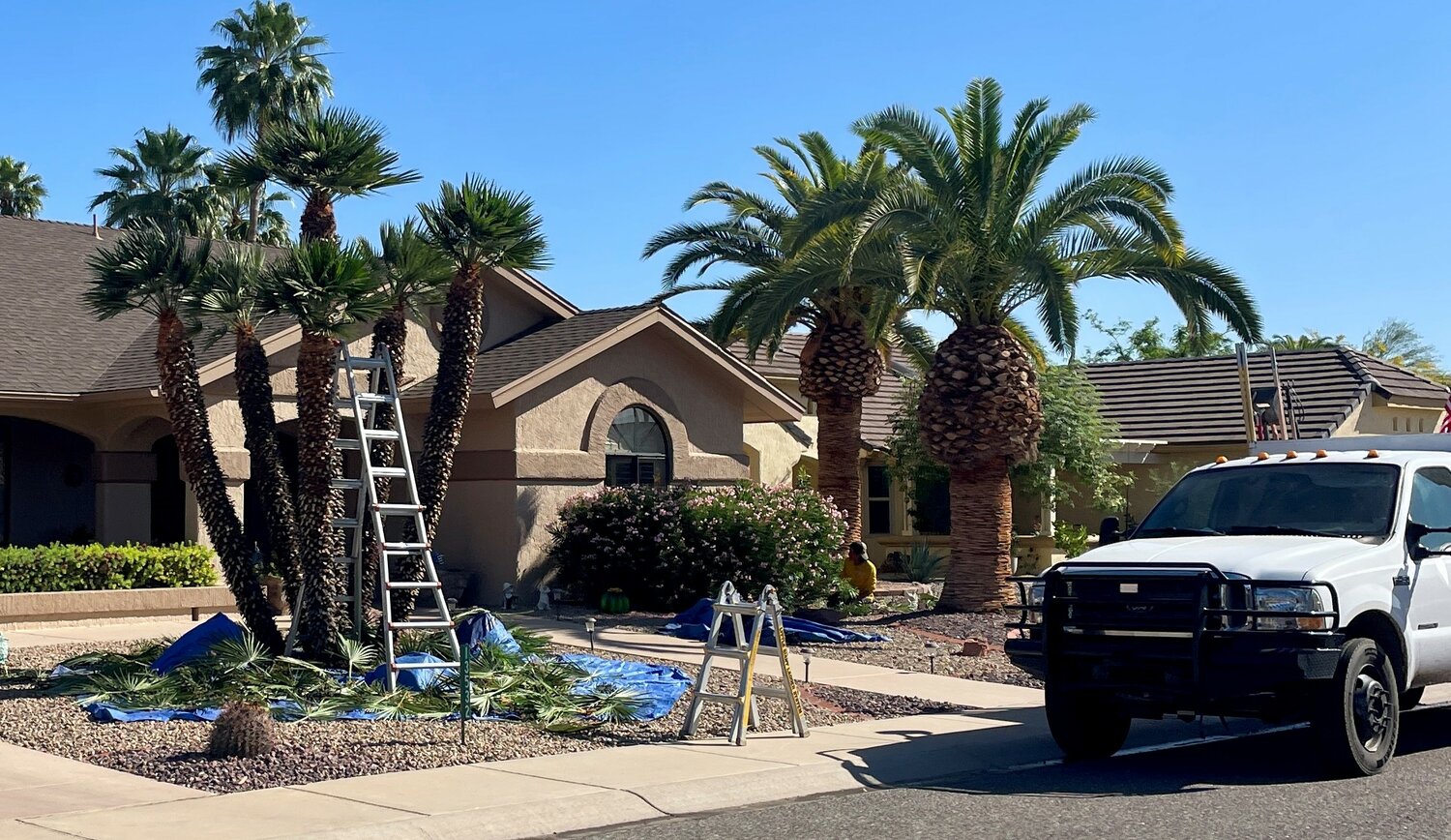Volunteers doing yard work and maintenance in residential Sun City West neighborhood