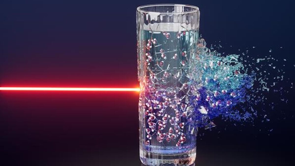 Close-up of ice cubes floating in clear water glass showing crystal structure