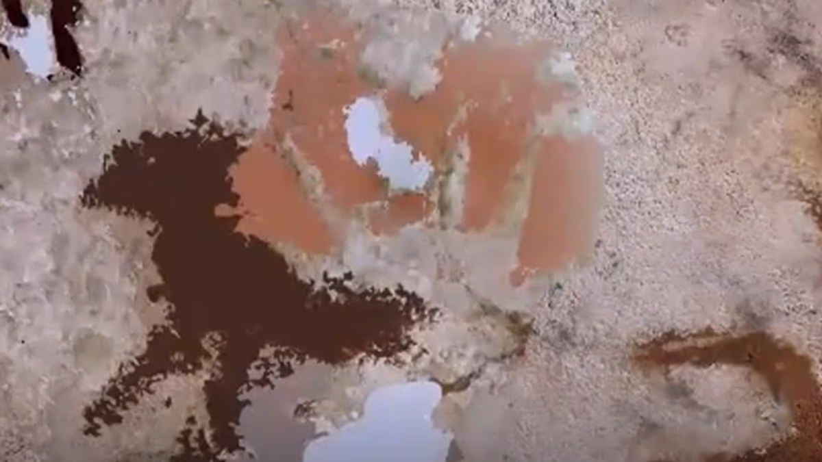 Ancient red hand stencil with claw-like fingers painted on limestone cave wall in Indonesia