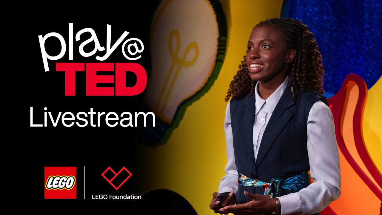 ** Colorful LEGO bricks arranged creatively on stage at TED Talk event celebrating play