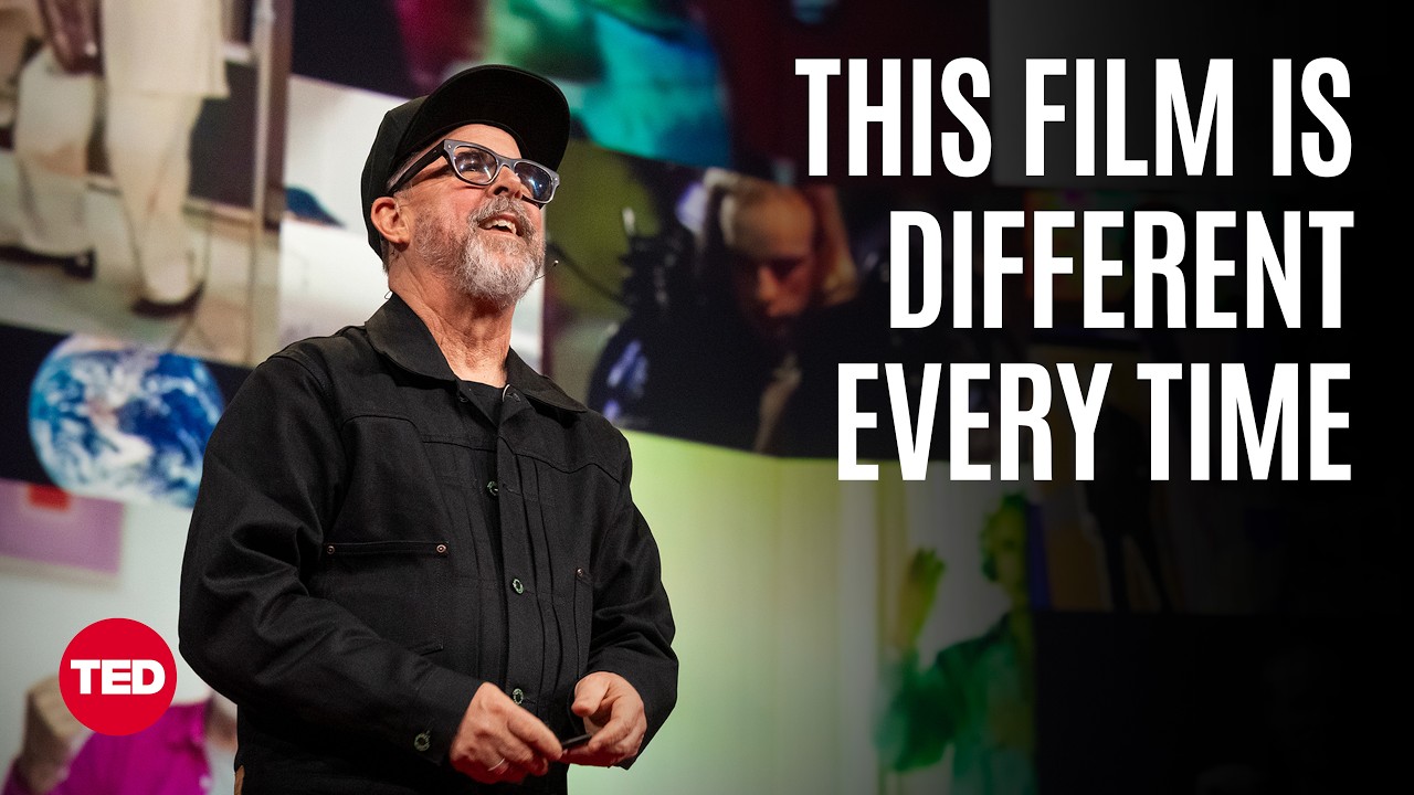 Filmmaker Gary Hustwit presenting his generative documentary project at TED conference on stage