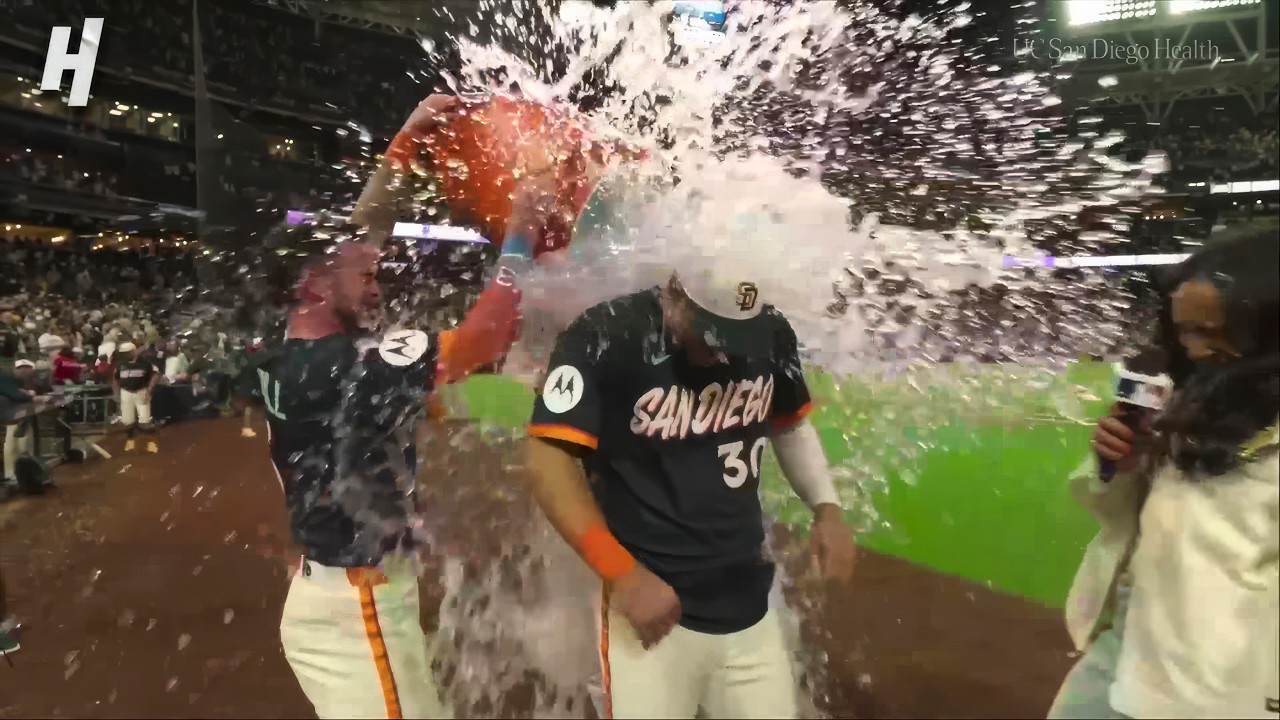 ** Gavin Sheets celebrating after hitting walk-off home run for San Diego Padres at Petco Park