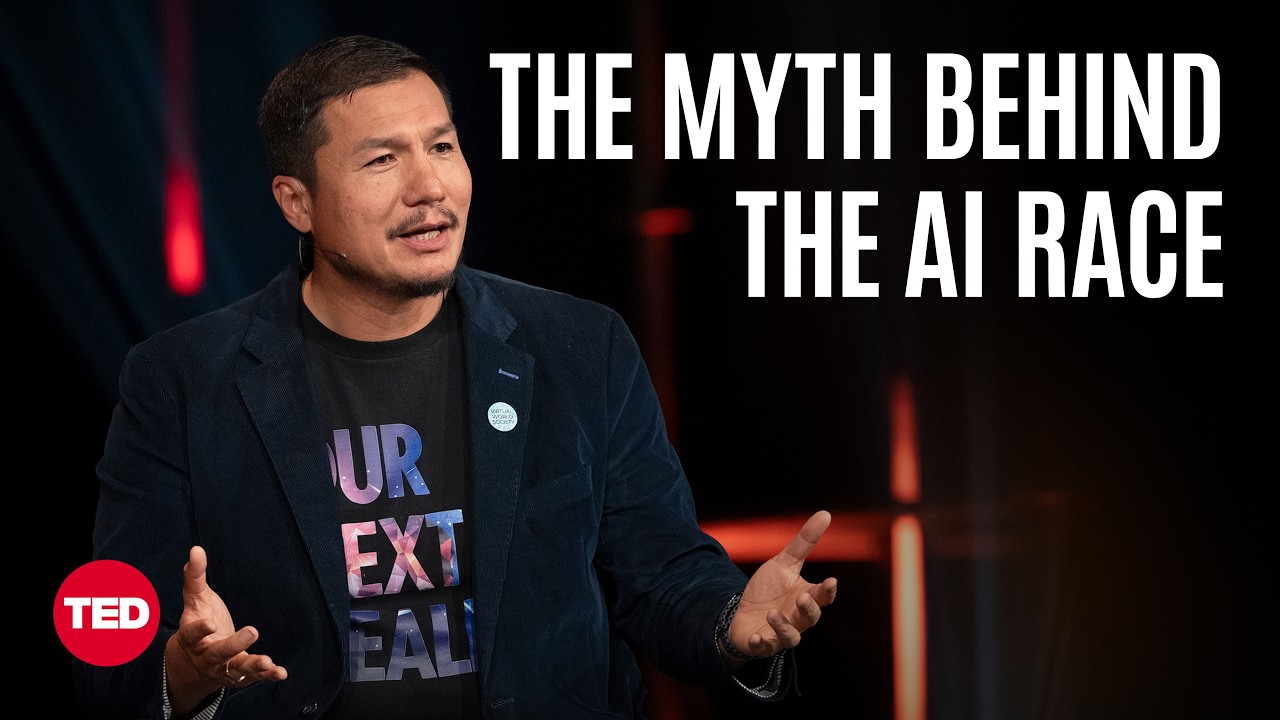 ** Technology expert Alvin W. Graylin speaking on red TED stage about artificial intelligence futures
