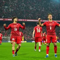 Turkish national football team players celebrating together on the pitch after victory
