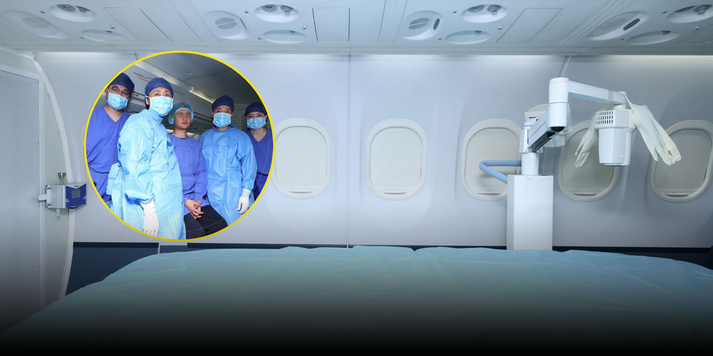 Medical crew examining patient inside China's Five Senses Health Aircraft Hospital cabin