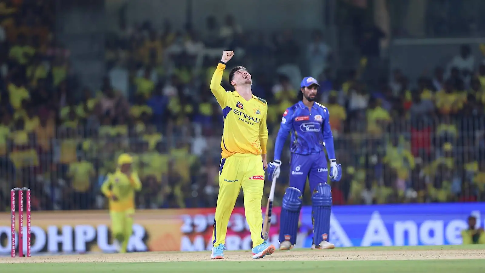 Young Afghan cricket bowler Noor Ahmad celebrating a wicket for Chennai Super Kings