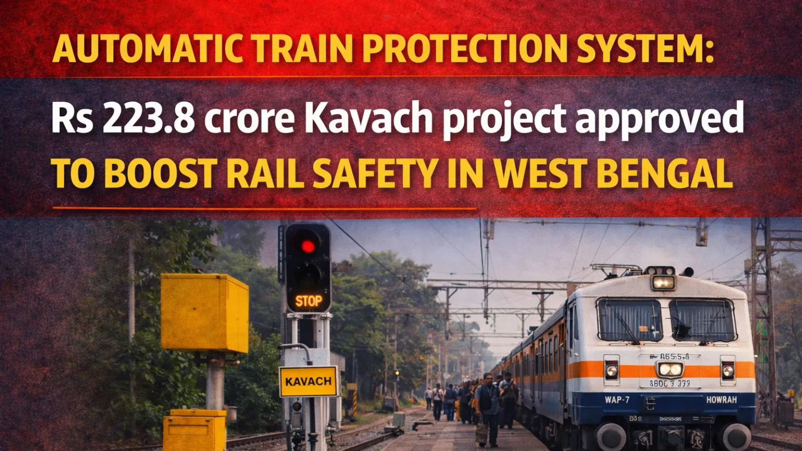 ** Modern Indian train traveling on upgraded railway tracks with safety technology systems installed