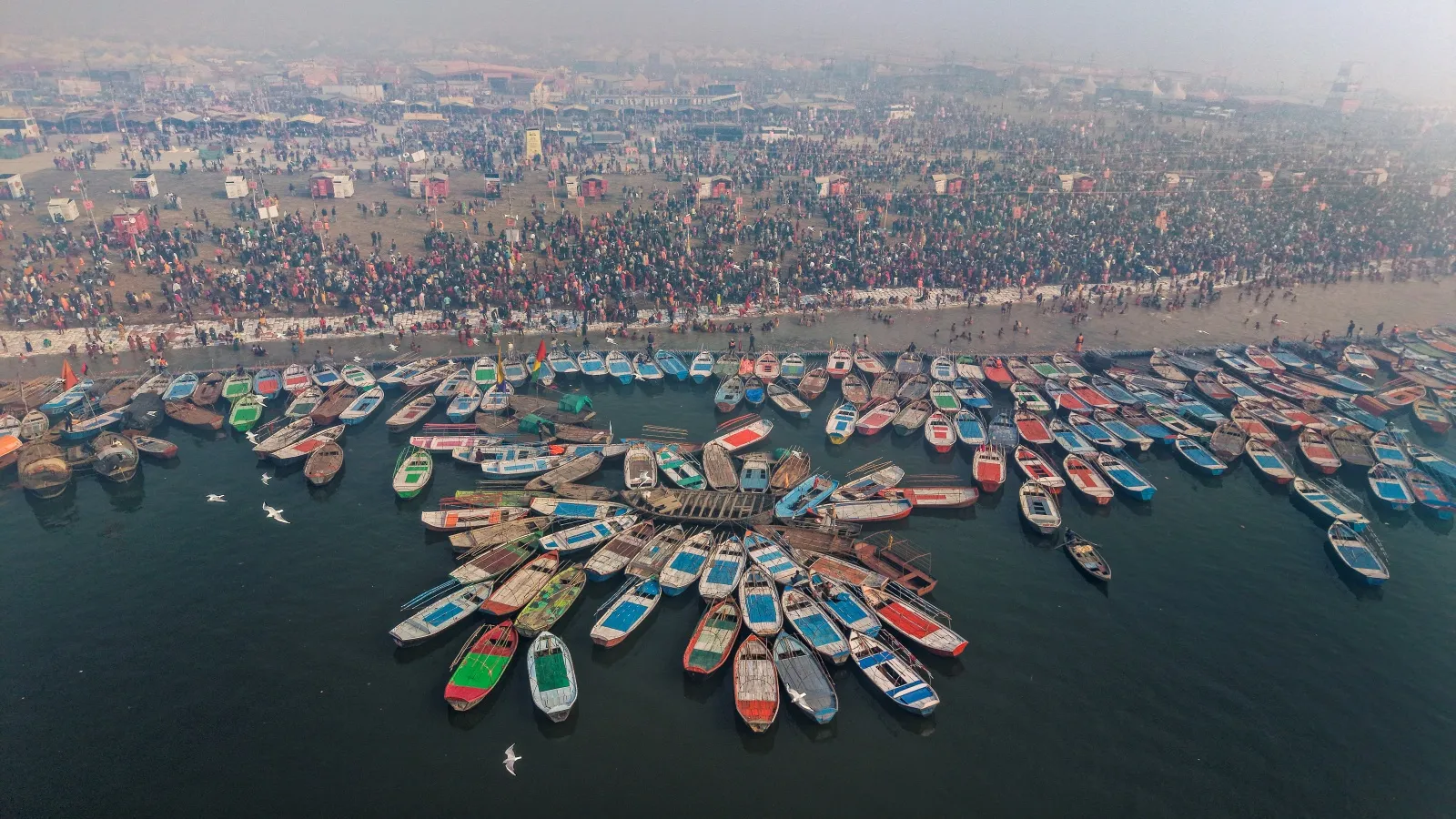 ** Aerial view of thousands of volunteers planting trees across sectioned land in Varanasi, India