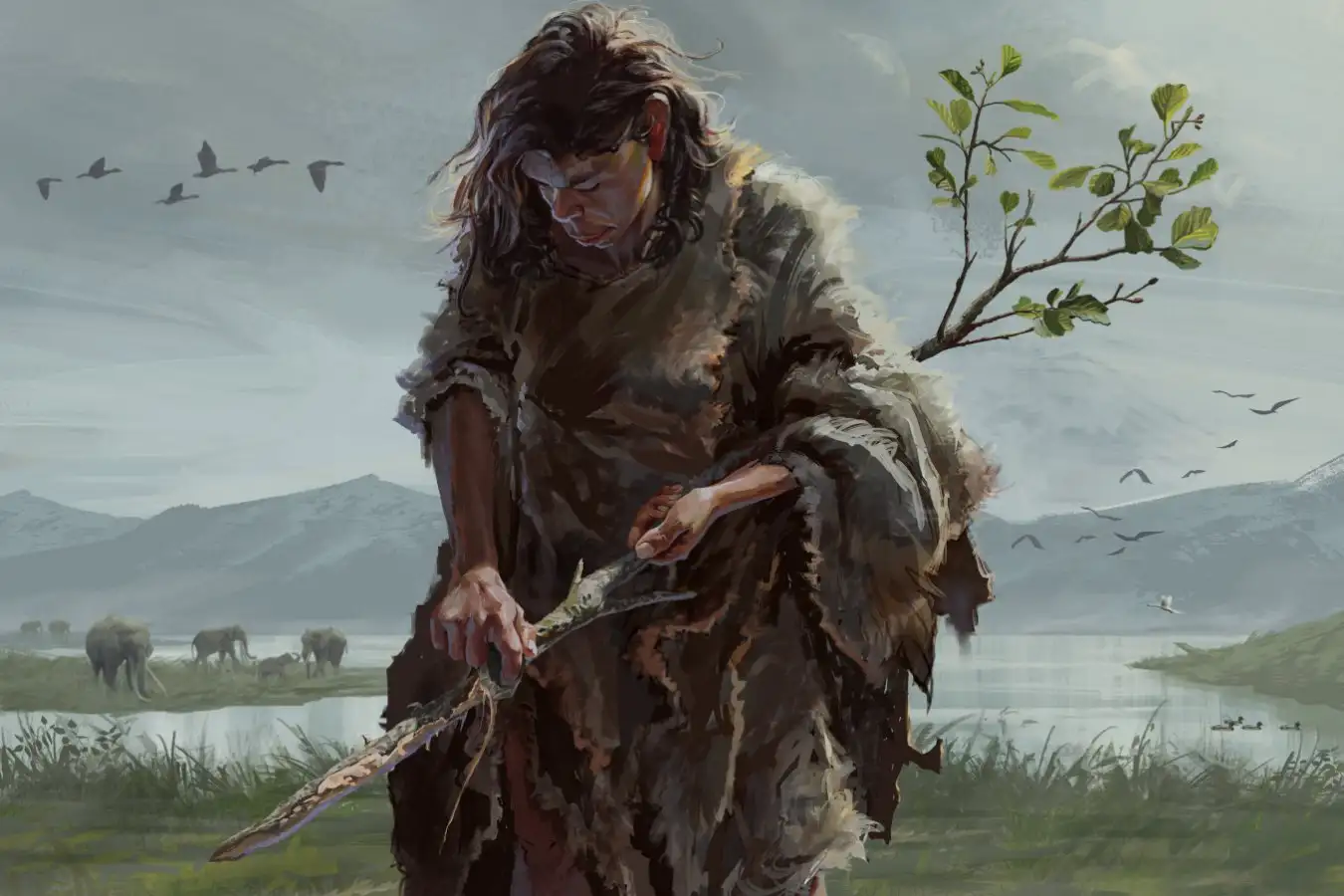 Artist reconstruction showing ancient human crafting wooden digging stick from alder tree trunk
