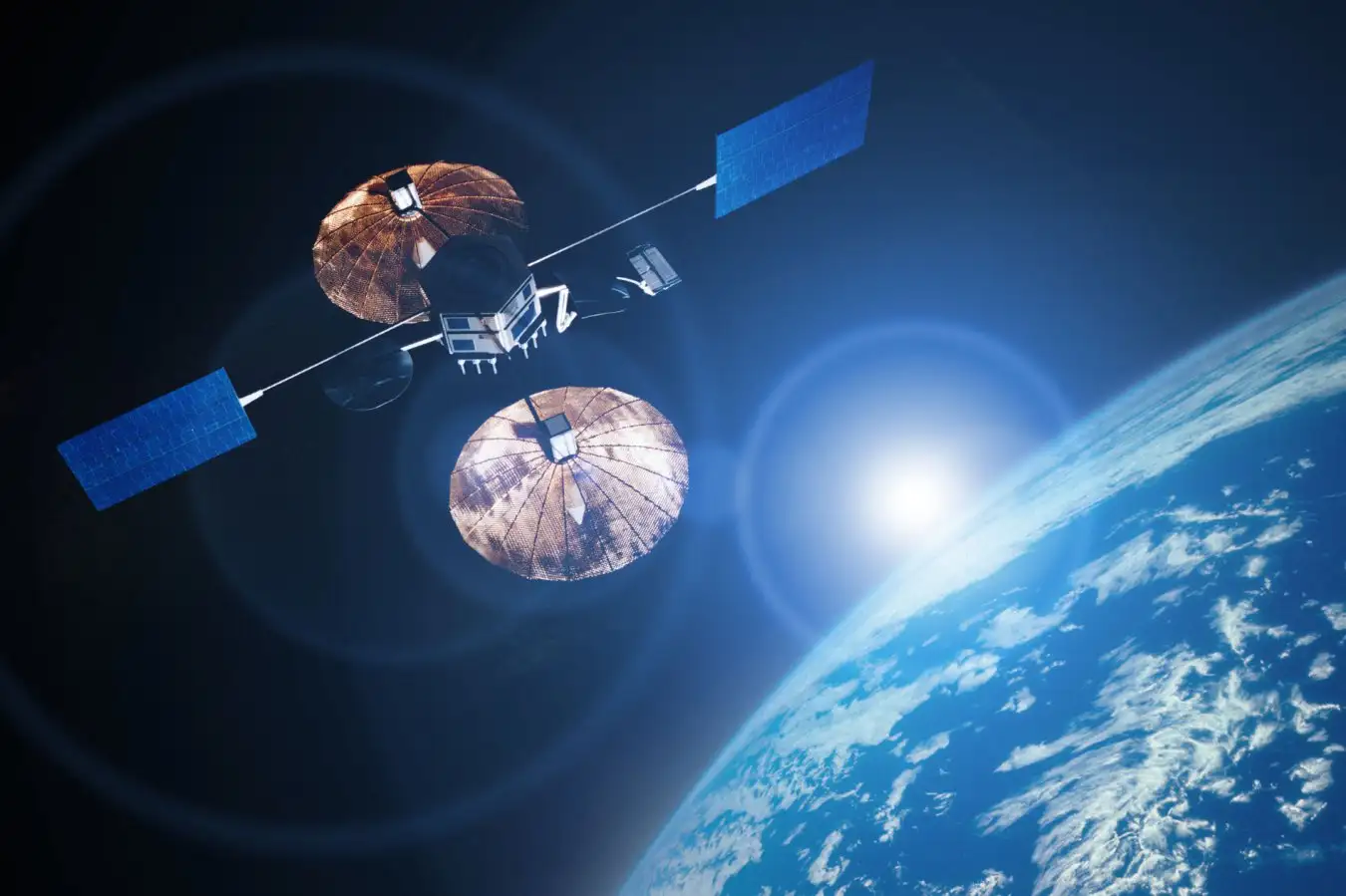 Three satellites floating in space using electromagnetic coils to control their positions and avoid collisions