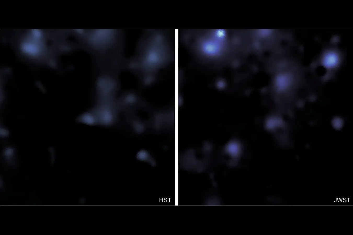 Side-by-side comparison showing dark matter distribution mapped by Hubble and James Webb telescopes