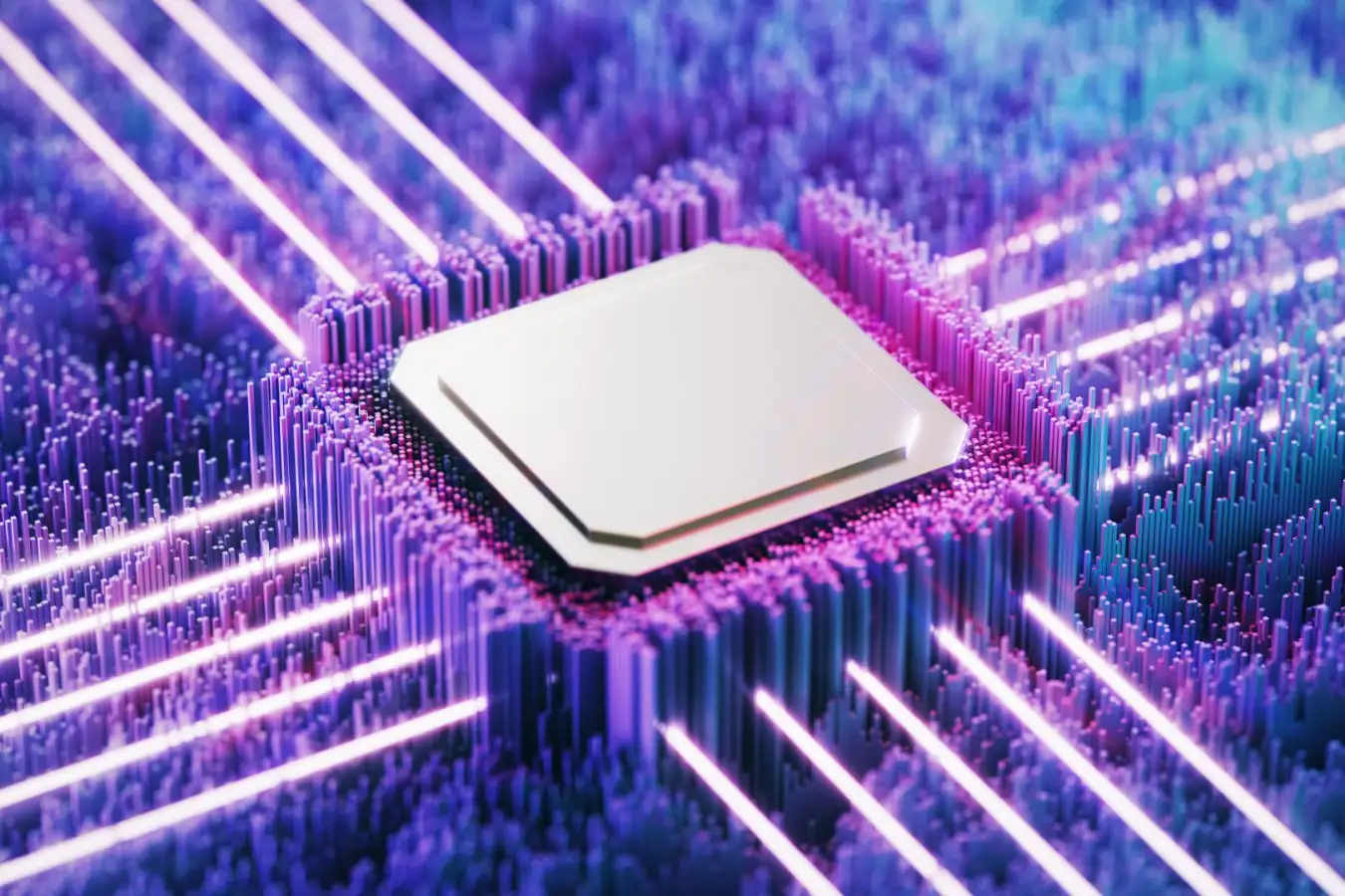 Abstract visualization of glowing quantum circuits and energy pathways inside advanced computer system