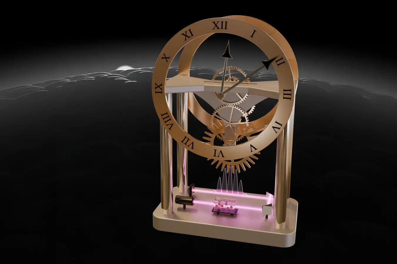 Conceptual illustration showing glowing thorium crystal nuclear clock mechanism with laser beams