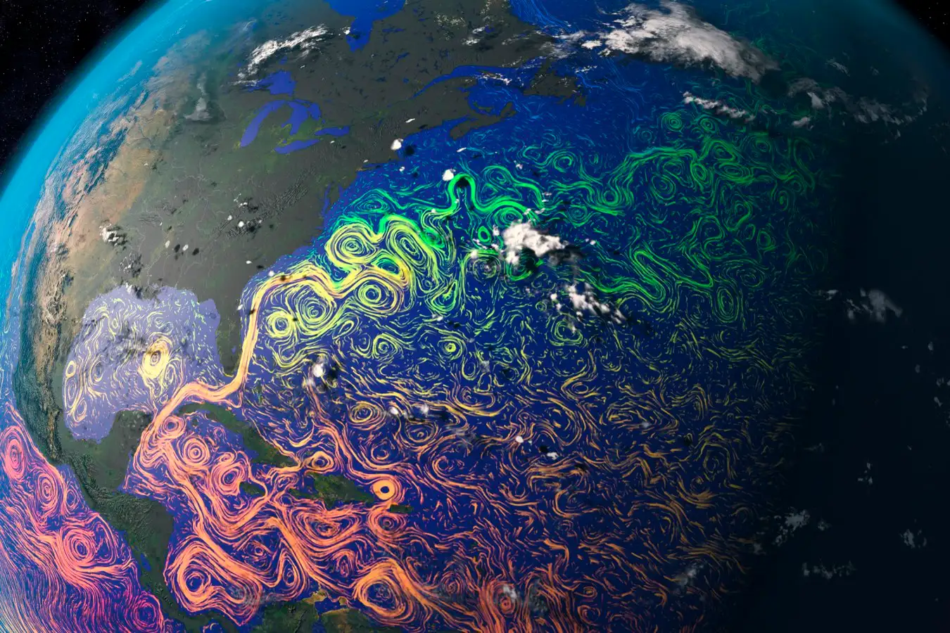 Visualization of Atlantic Ocean currents showing warm tropical water flowing northward in blue and green swirls