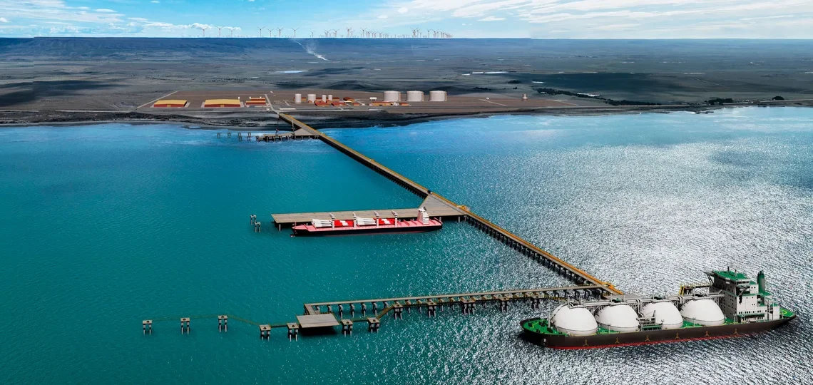 Wind turbines along Chile's southern coastline generating renewable energy for green ammonia production