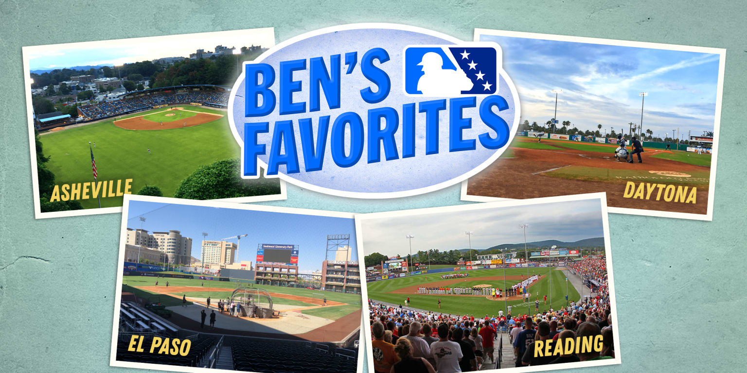 Historic Minor League baseball stadium grandstand with mountains visible beyond outfield fence