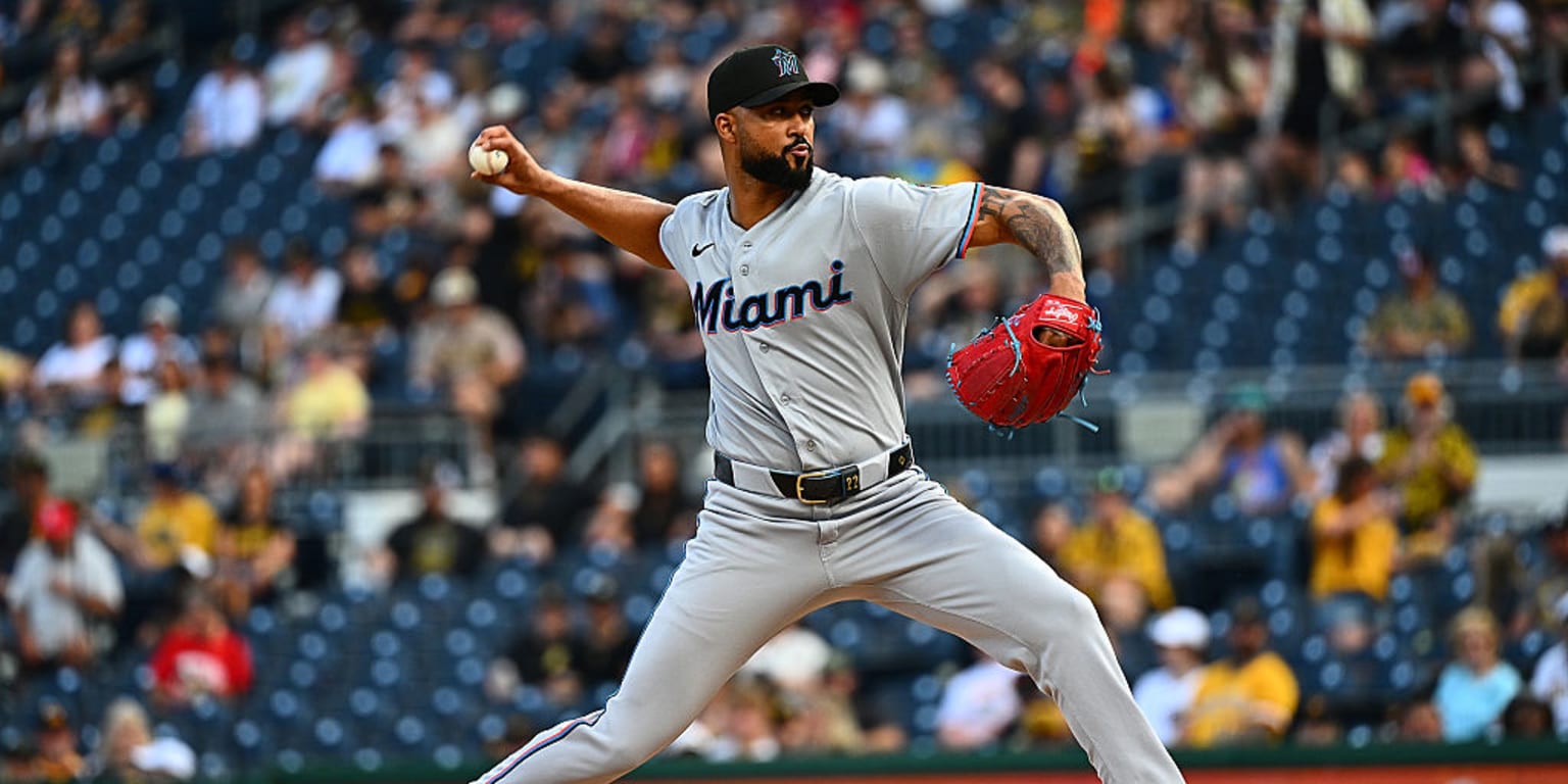 Sandy Alcantara celebrating his 1,000th career strikeout milestone with Miami Marlins teammates