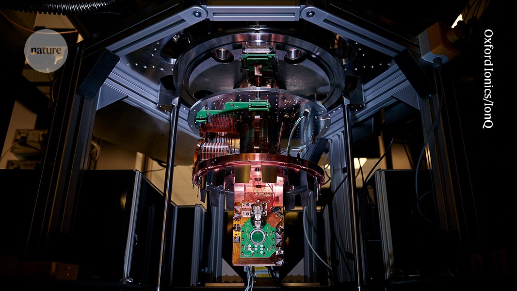 Close-up of quantum computer chip with intricate circuitry glowing against dark background