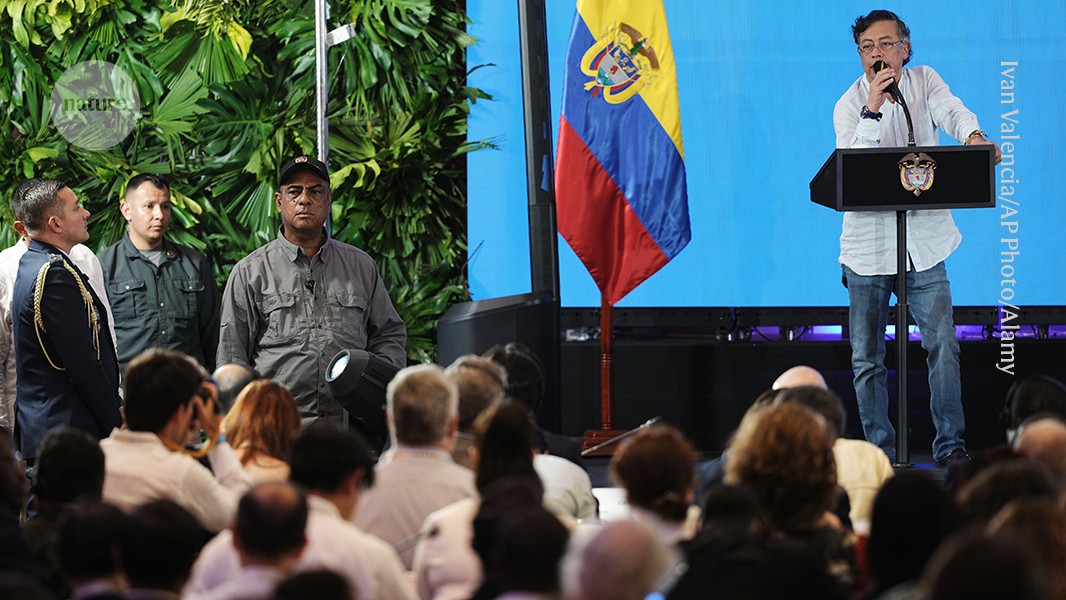 Colombian President Gustavo Petro speaking at podium during fossil fuel phaseout climate summit