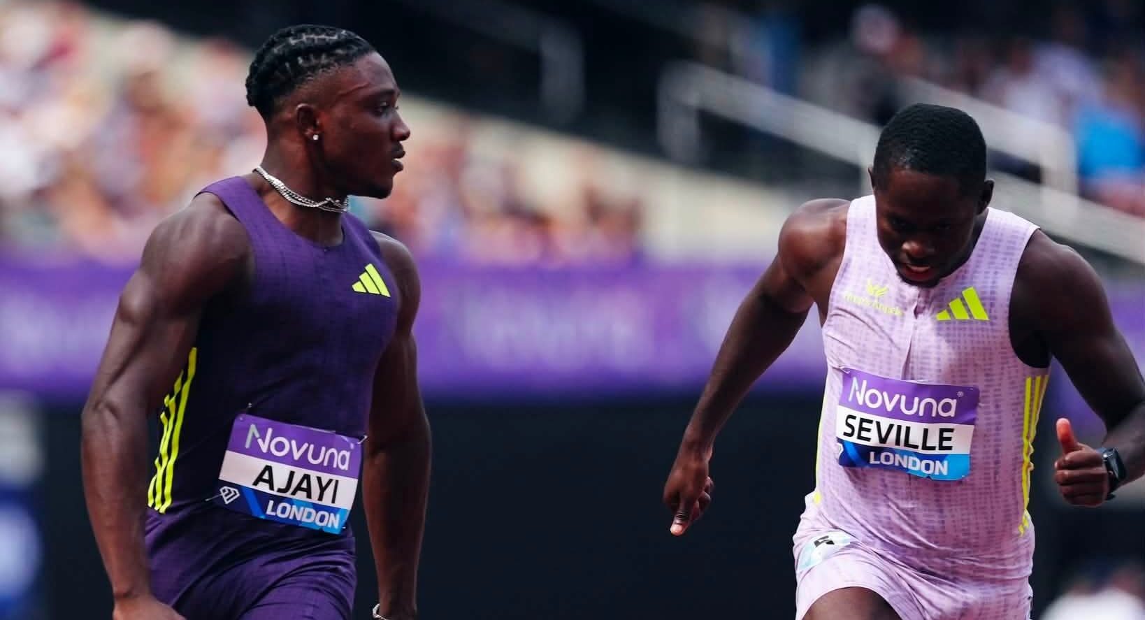 Nigerian sprinter Kayinsola Ajayi celebrating victory at Diamond League track meet in London